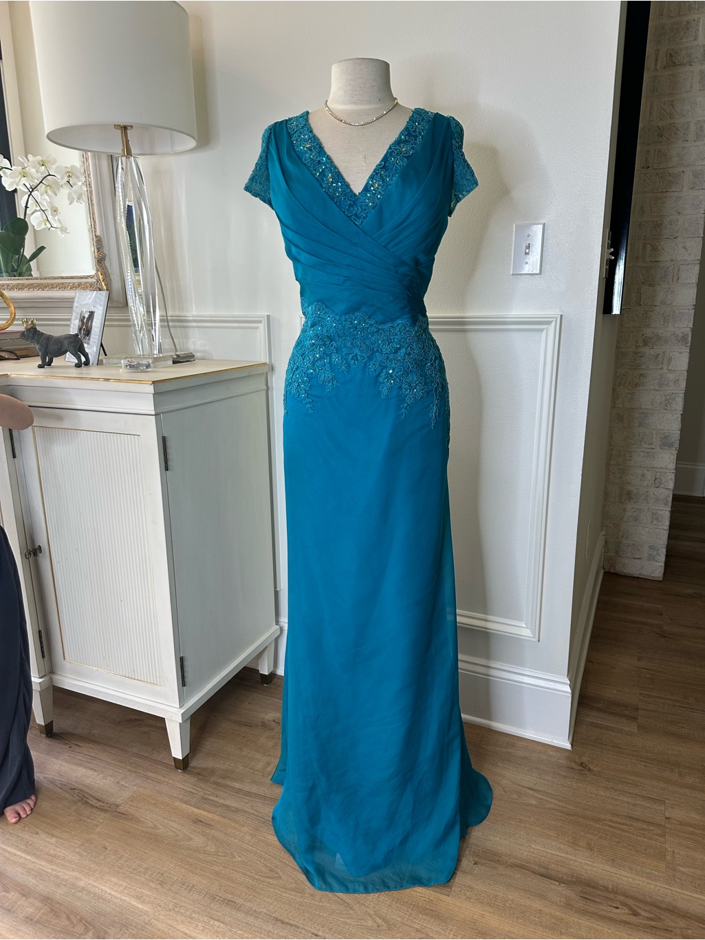 Alyce Paris Teal V-Neck Beaded Maxi Gown